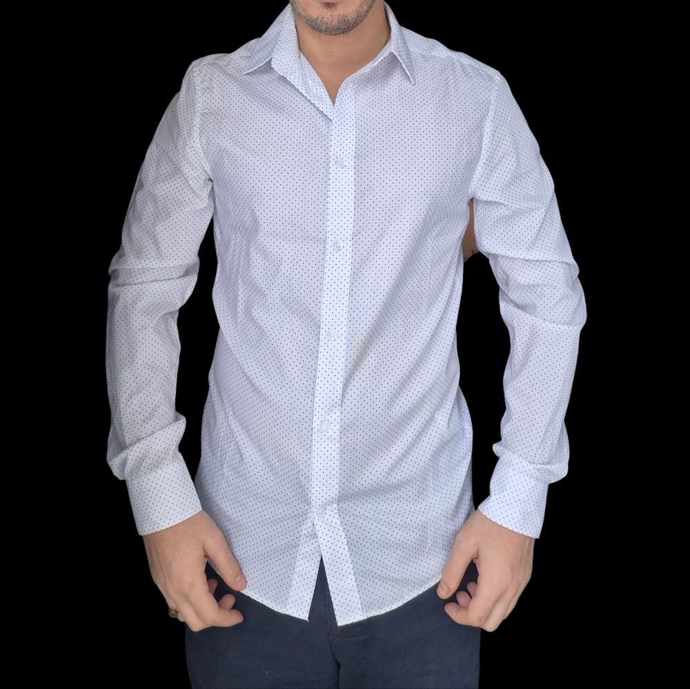 Men’s White Micro Dot Button-Down Shirt – Long Sleeve – Modern Fit – Size small